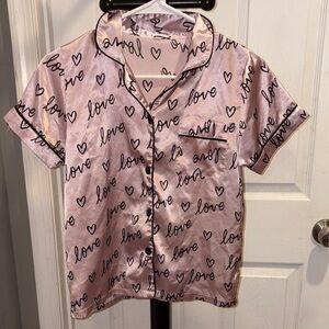 Pink Satin Love Print Button-Up Top